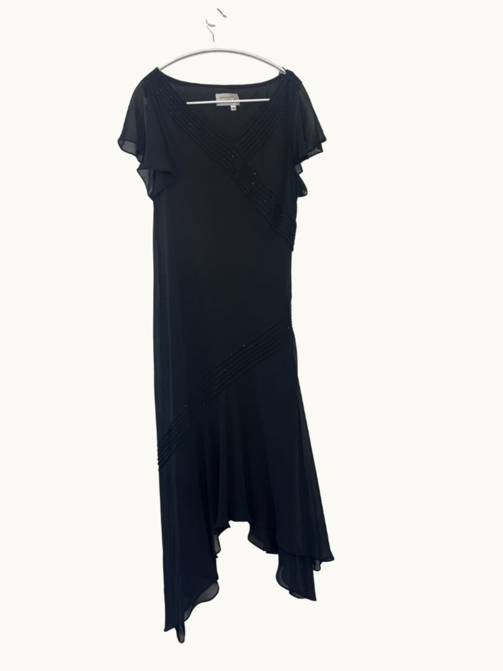 Adrianna Papell Black Beaded Chiffon Flutter Sleeve Gown
